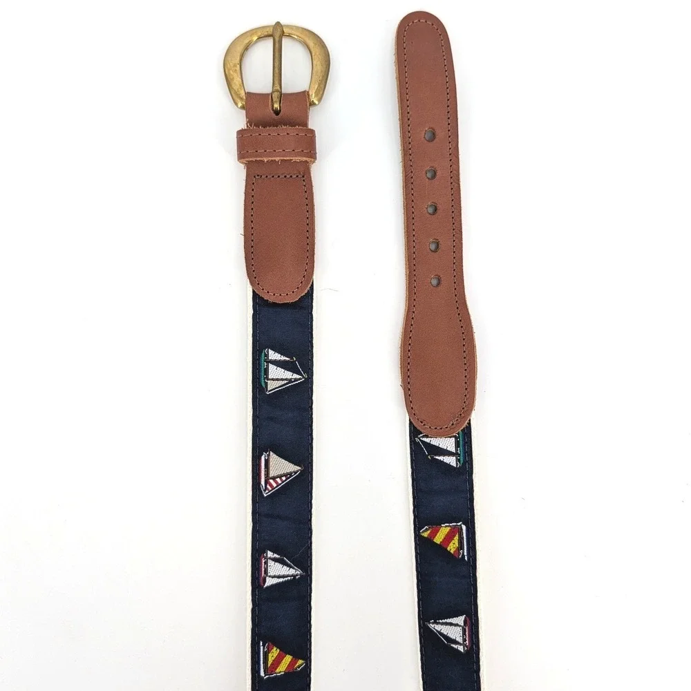 Sailboat Embroidered Nautical Nantucket Surcingle Belt Navy‎ Cream Leather 35